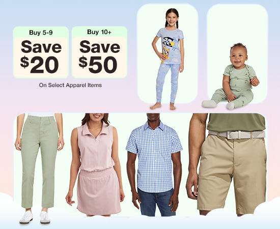 Buy 5-9 Save $20 or buy 10+ save $50 on select apparel items