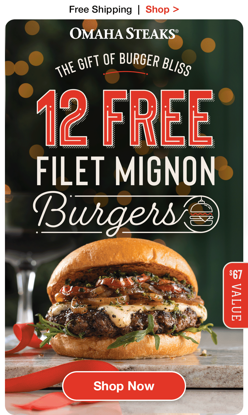 Free Shipping | Shop >  

OMAHA STEAKS®

THE GIFT OF BURGER BLISS
12 FREE
FILET MIGNON
BURGERS

$67 VALUE

SHOP NOW
