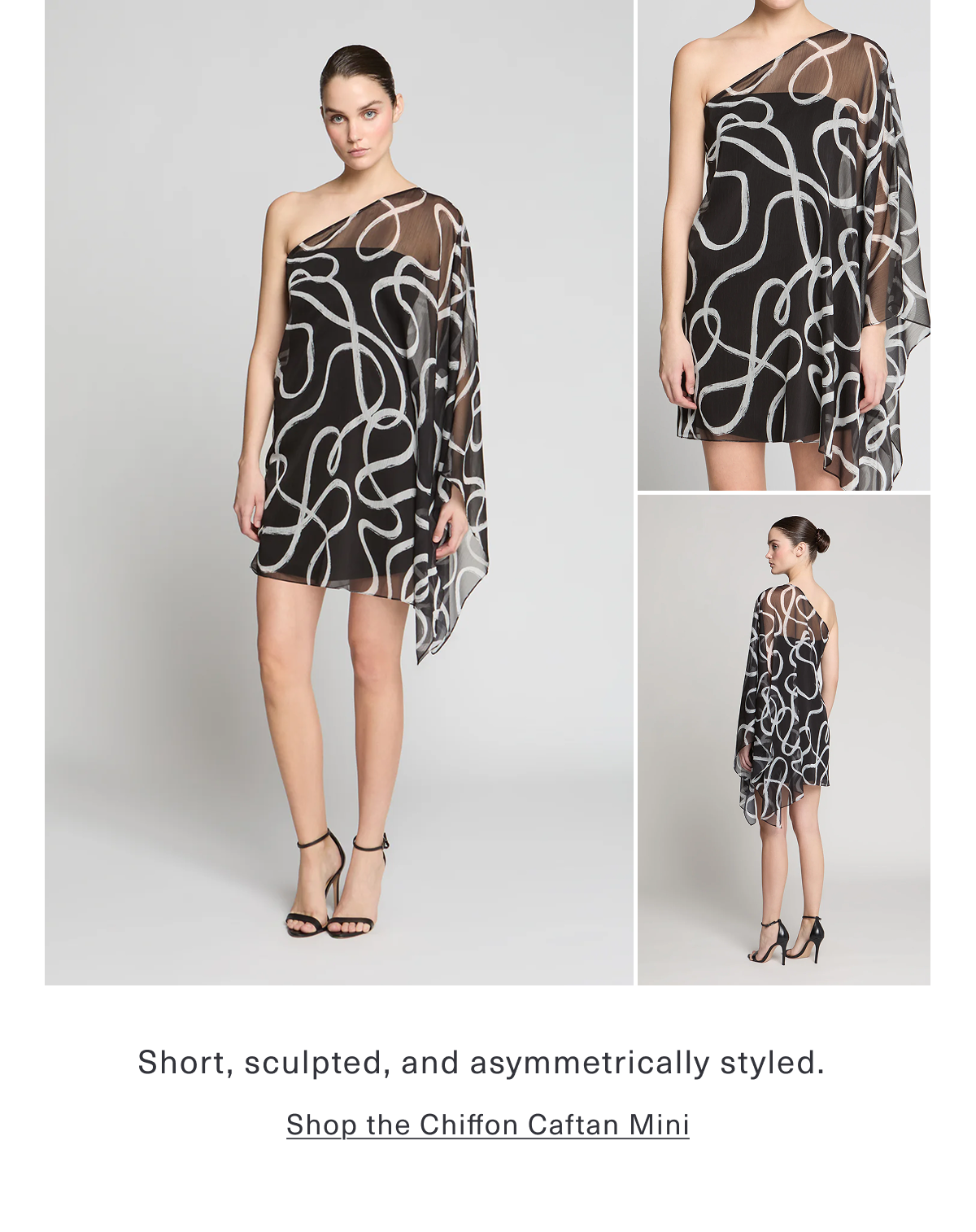 Short, sculpted, and asymmetrically styled. Shop the Chiffon Caftan Mini