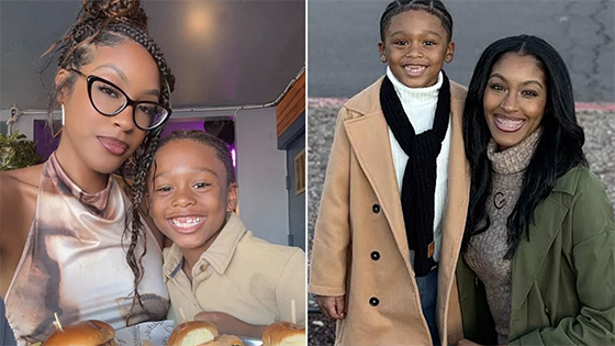 Two photos of a boy and his Mom.