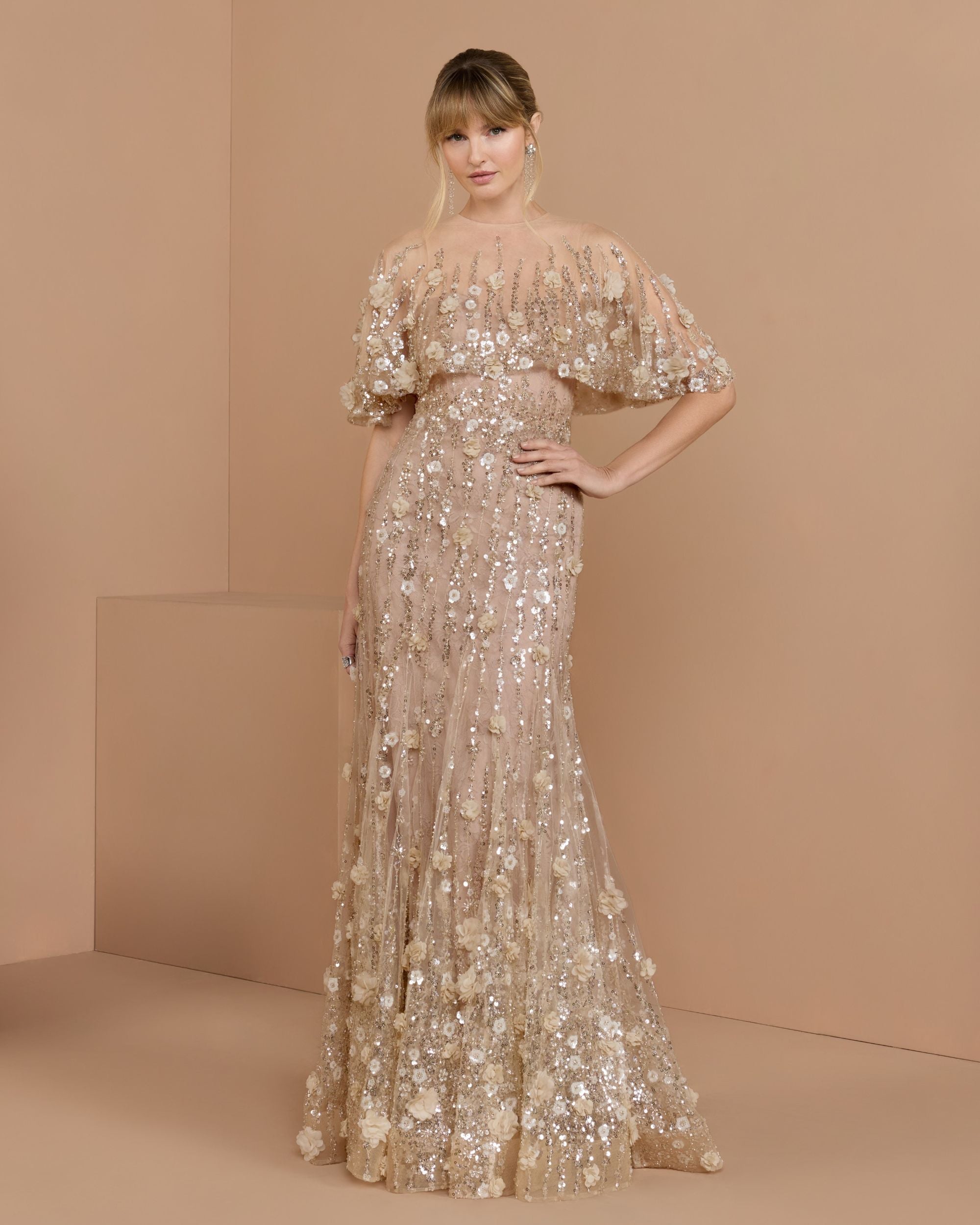 Image of Beige Embellished Cape Sleeve Gown