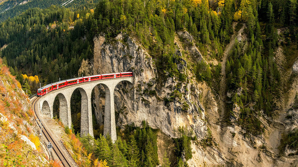 Image description: The Bernina Express in Switzerland.
