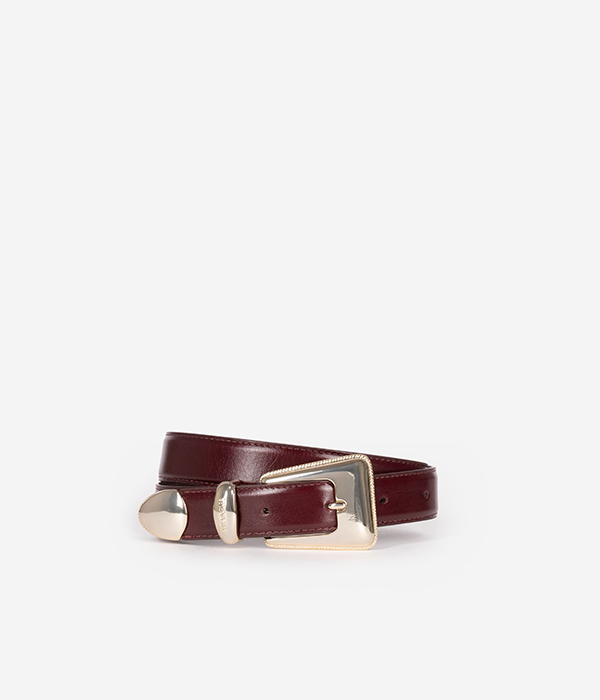 Ceinture boucle western dorée en cuir bordeaux