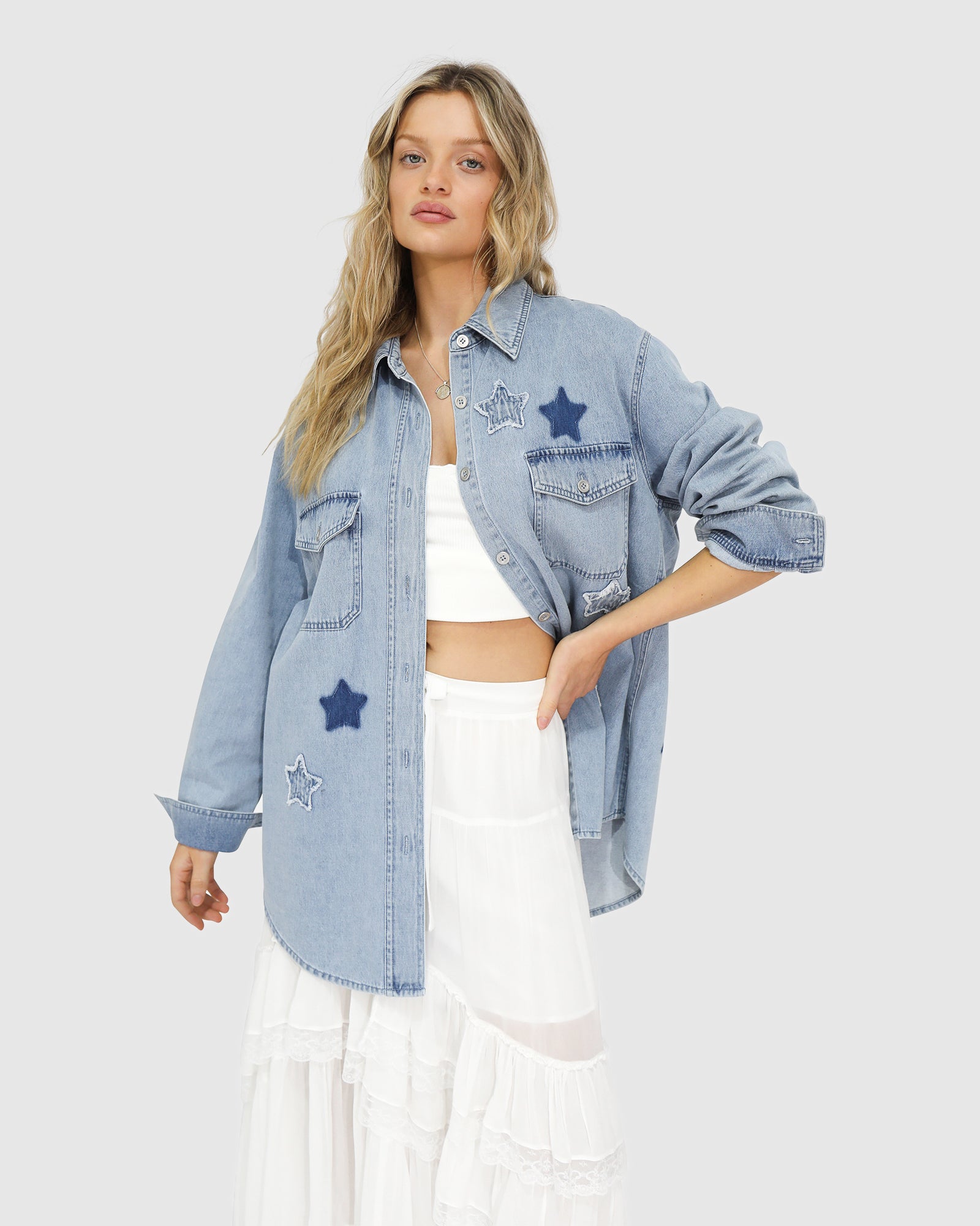Image of Stargazer Patch Detail Denim Shirt - Stonewash