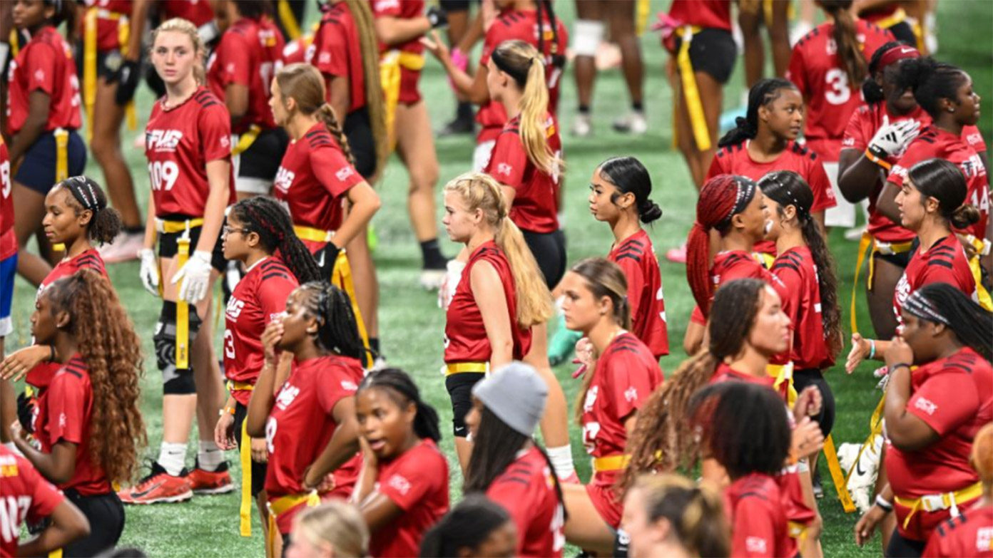 Youth athletes at the Atlanta Falcons Girls Flag Football Clinic
