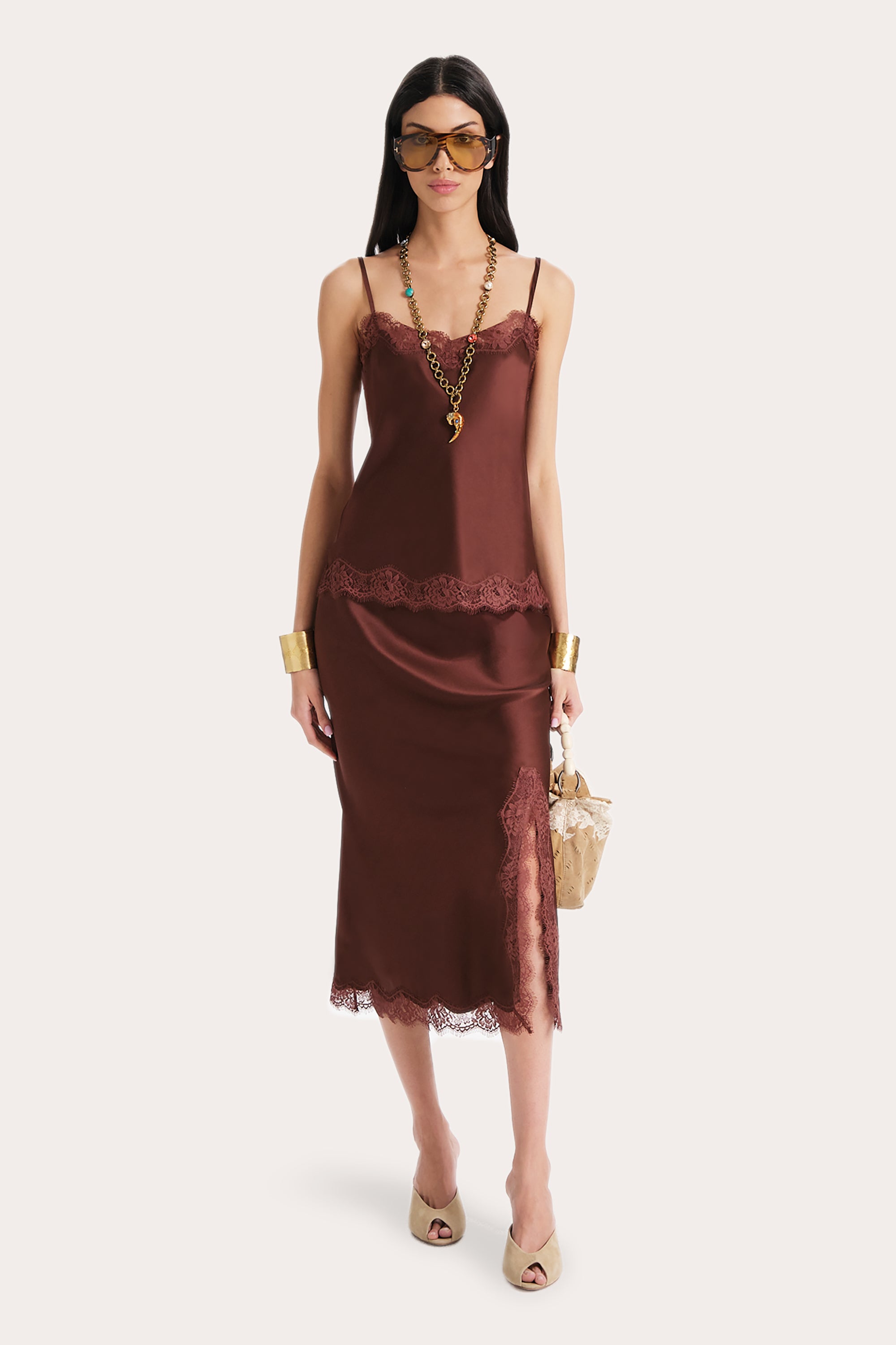 Image of Brooke Silk Charmeuse Lace Trim Skirt