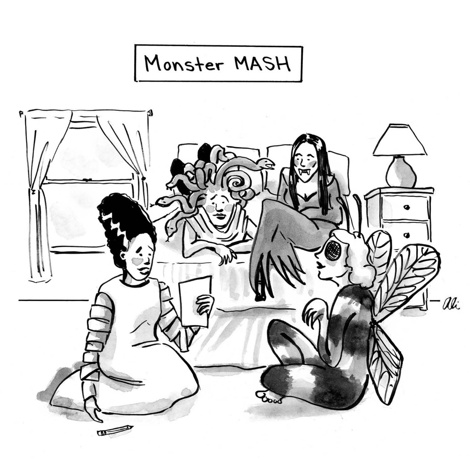 Medusa, Vampira, a human-size bumblebee or fly creature, and the Bride of Frankenstein are all sitting in a circle in a bedroom. The latter reads from a piece of paper. The heading reads “Monster MASH.”