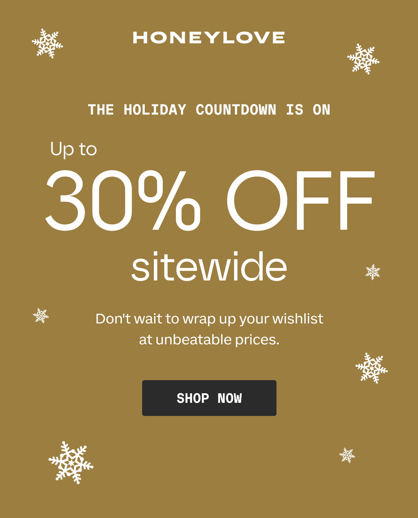 HONEYLOVE | THE HOLIDAY COUNTDOWN IS ON | Up to 30% OFF sitewide | Don't wait to wrap up your wishlist at unbeatable prices. | SHOP NOW