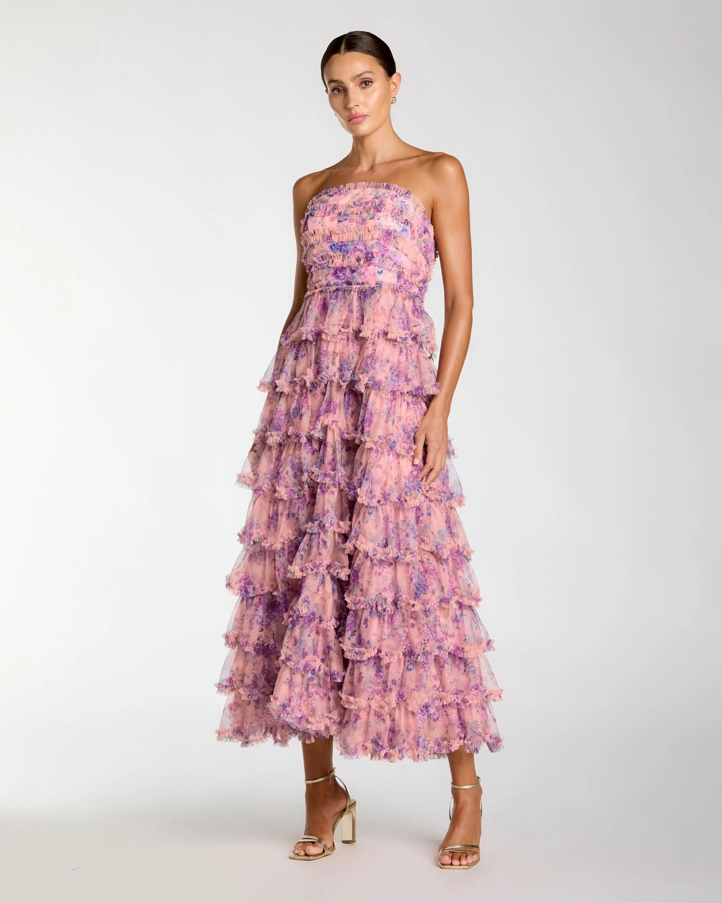 Image of Pink Floral Ruffle Tiered Strapless Midi Dress