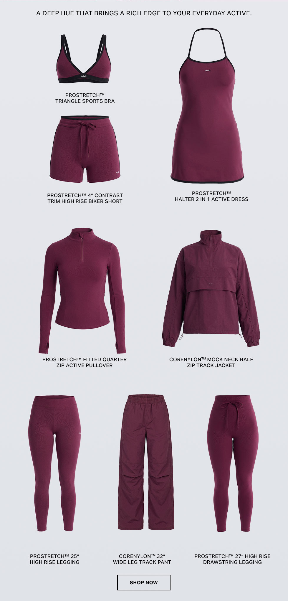 Rich burgundy activewear collection: sports bra, biker shorts, dress, pullover, track jacket, and leggings. Elevate your everyday active style.