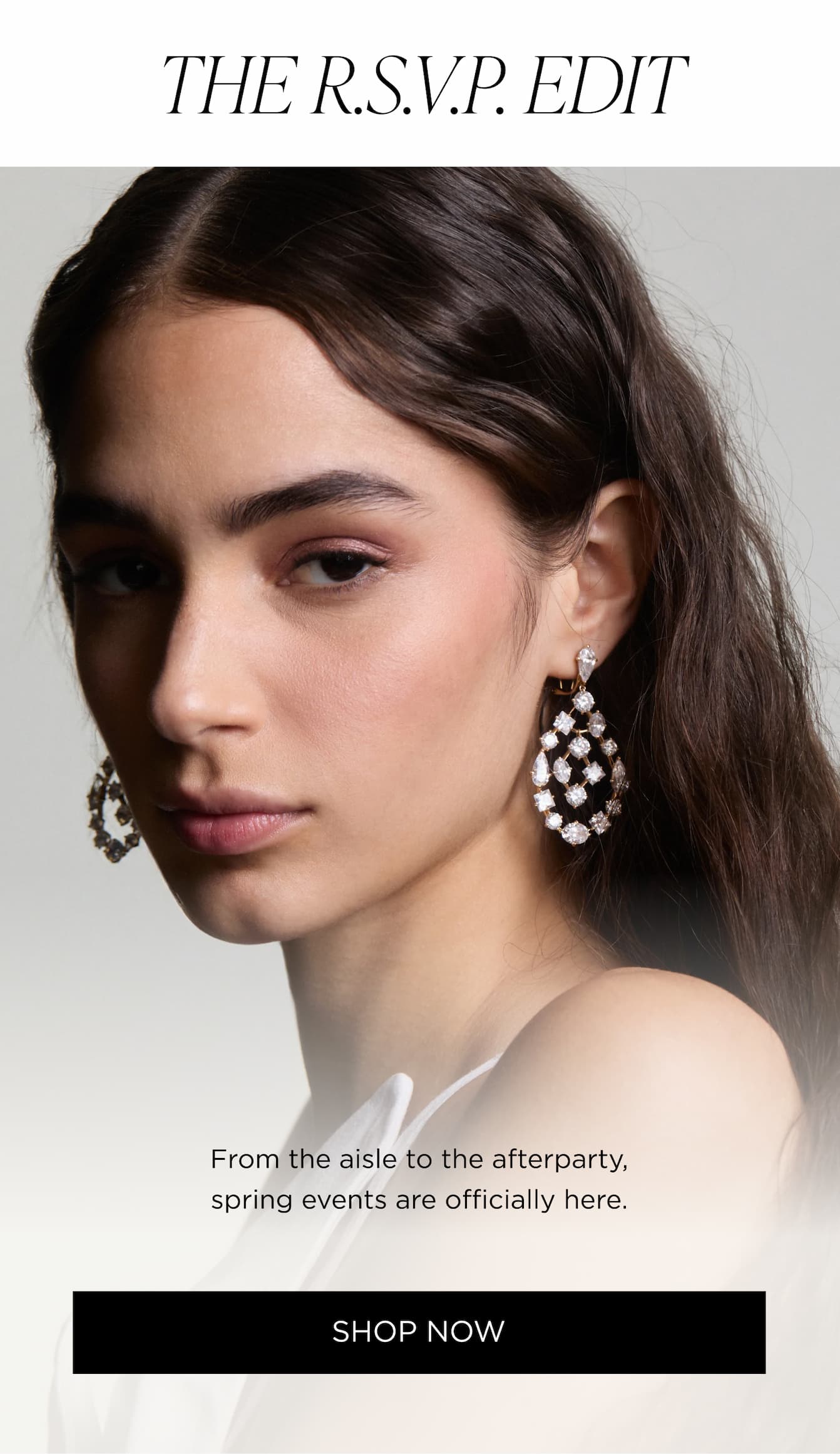 THE RSVP EDIT - SHOP RIVIERA COLLECTION (image of model wearing Riviera Chandelier Earrings)