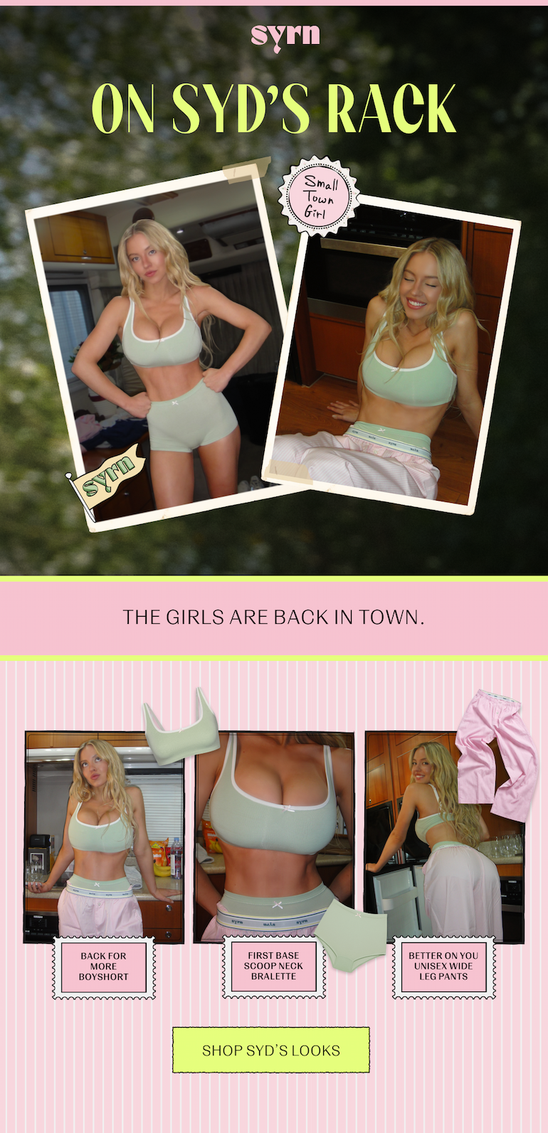 Sydney Sweeney in a matching green bra and panty set with pink pants.