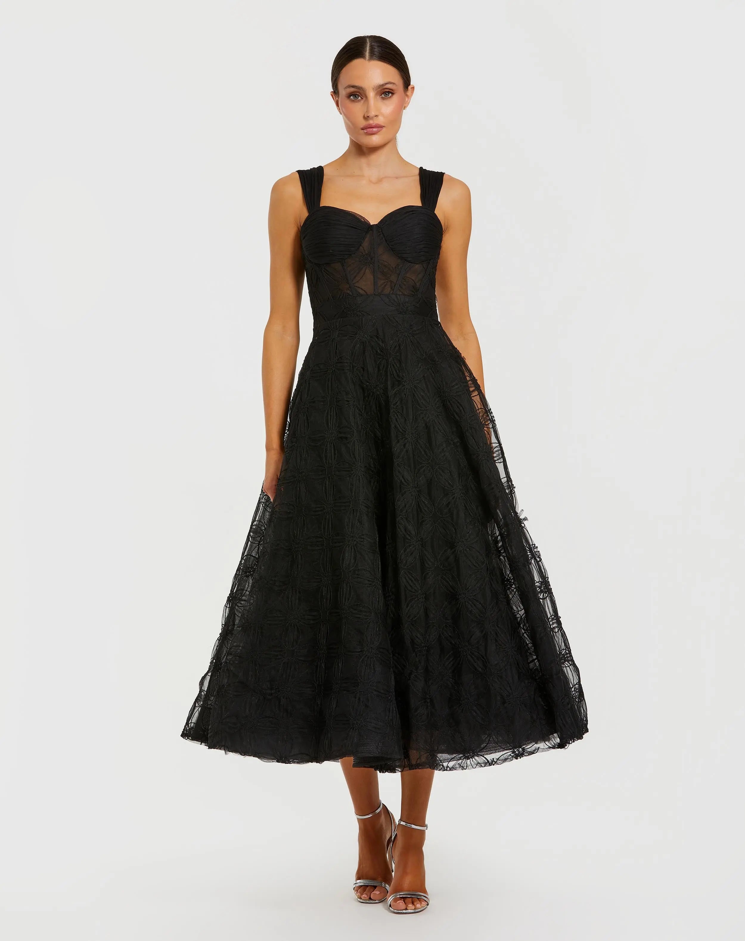 Image of Black Bustier Sleeveless A-Line Tulle Midi Dress
