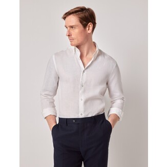 White Pure Linen Slim Shirt – Button Down Collar