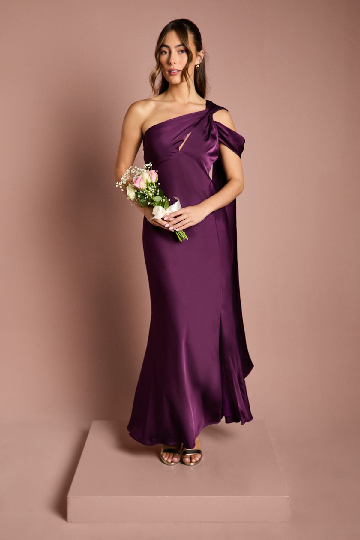Satin One Shoulder Fishtail Maxi Bridesmaids Dress with Drape Detail