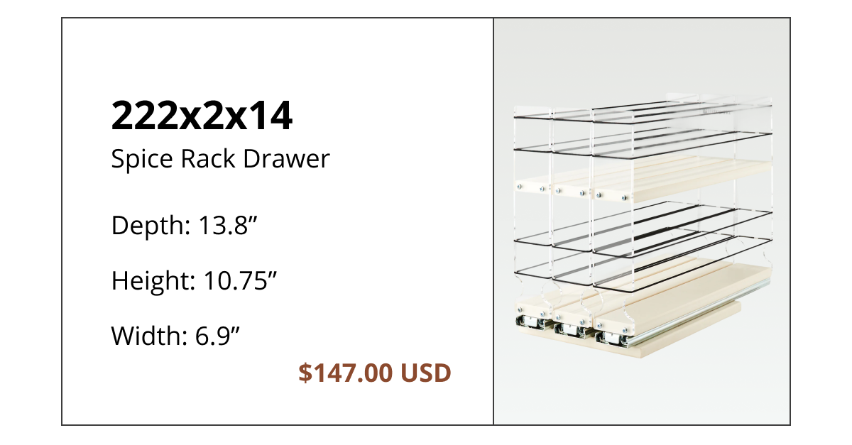 Deep pull-out spice rack drawer 222x2x14 for larger kitchen cabinets with multi-level spice storage