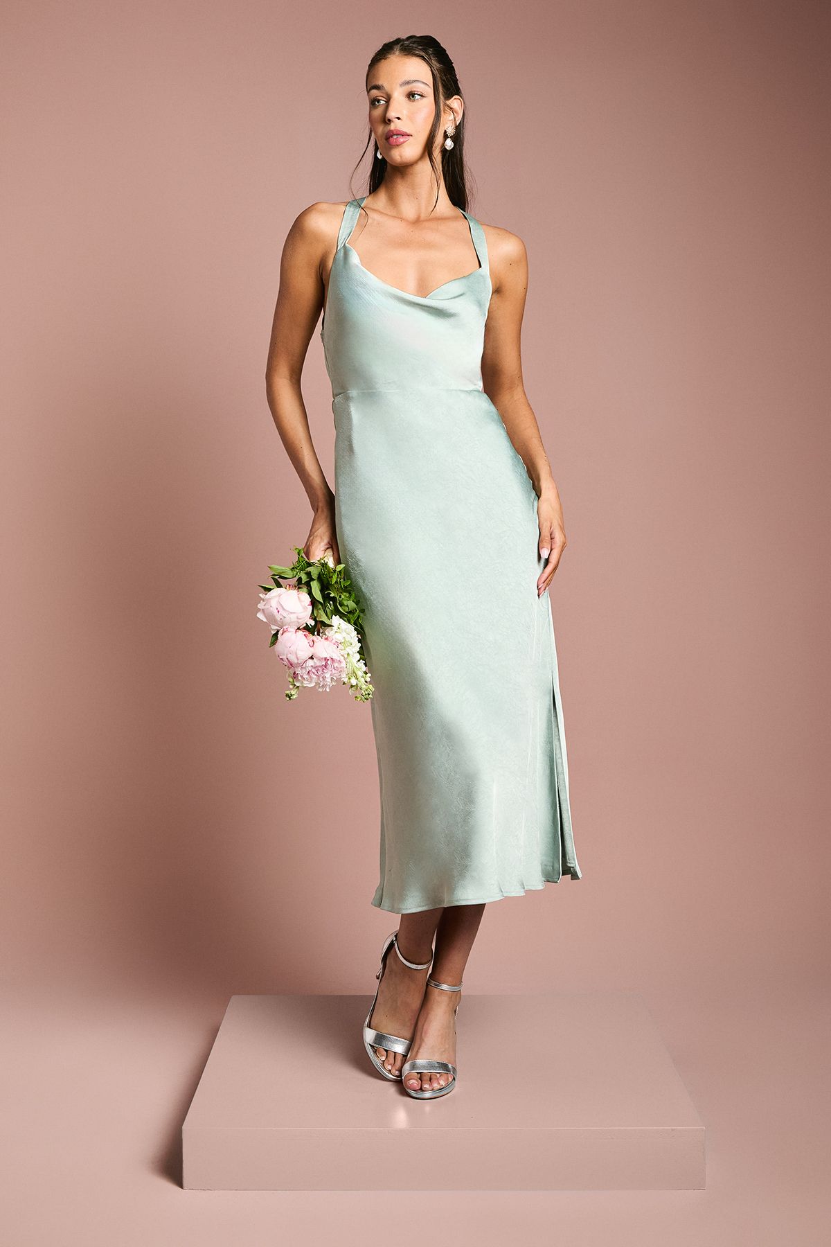 Cross Shoulder Tie Back Satin Bridesmaid Dress