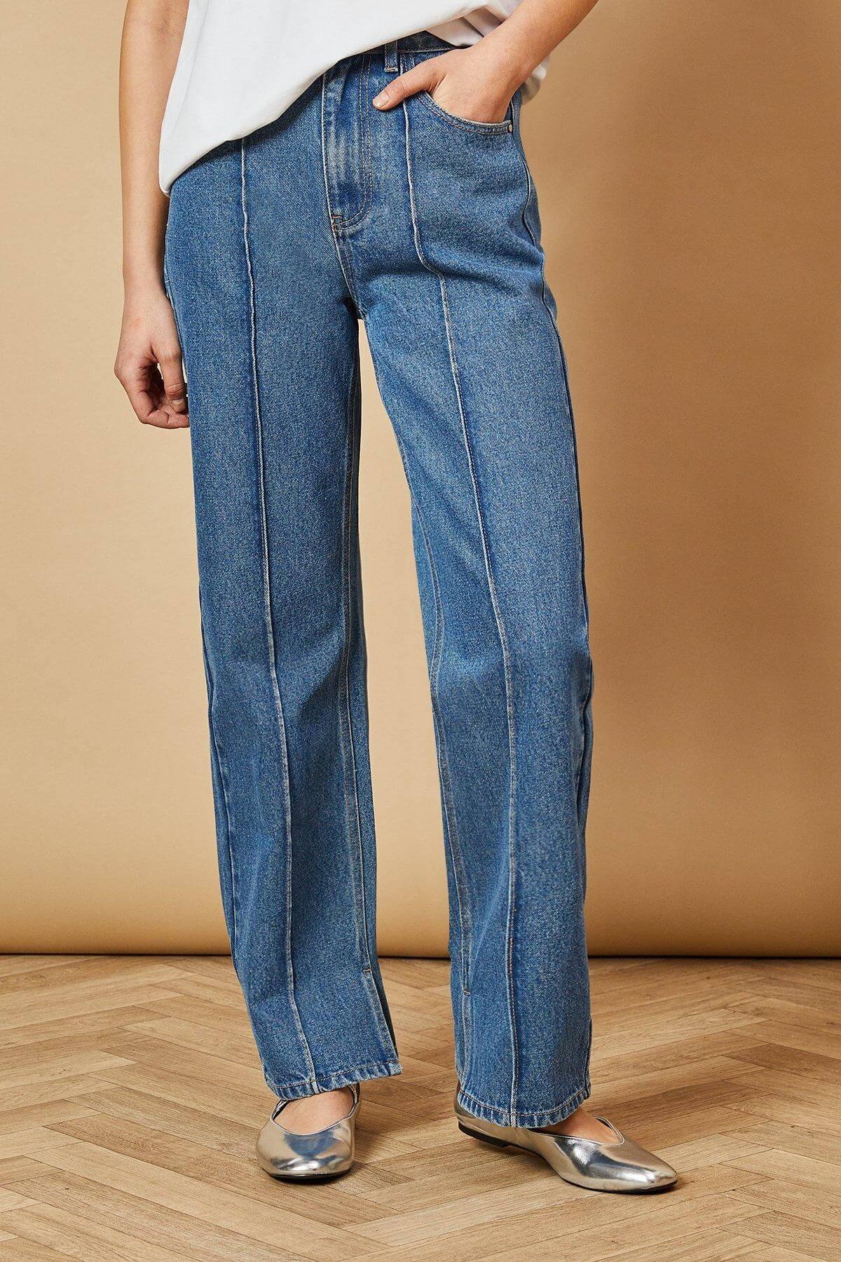 Denim Straight Leg Jean With Front Seam Detail