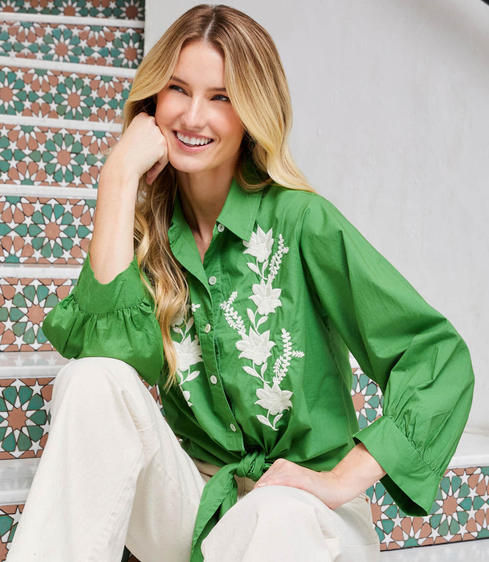 Image of Blouson Sleeve Embroidered Tie-Front Top