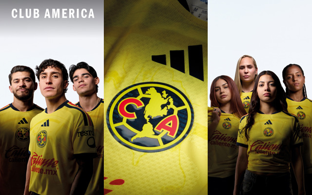 Club América graphic featuring athletes wearing the club’s yellow home jersey, with a close-up of the Club América crest and Adidas logo in the center panel. The image includes “CLUB AMERICA” text at the top and showcases both individual and group jersey portraits against a clean, light background.