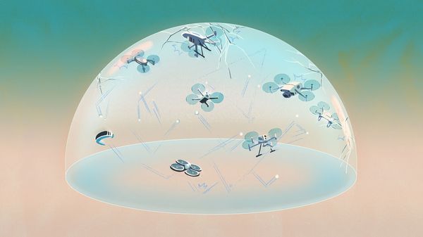 illustration of several drones trapped beneath a glowing translucent dome shield, the dome shows some cracks