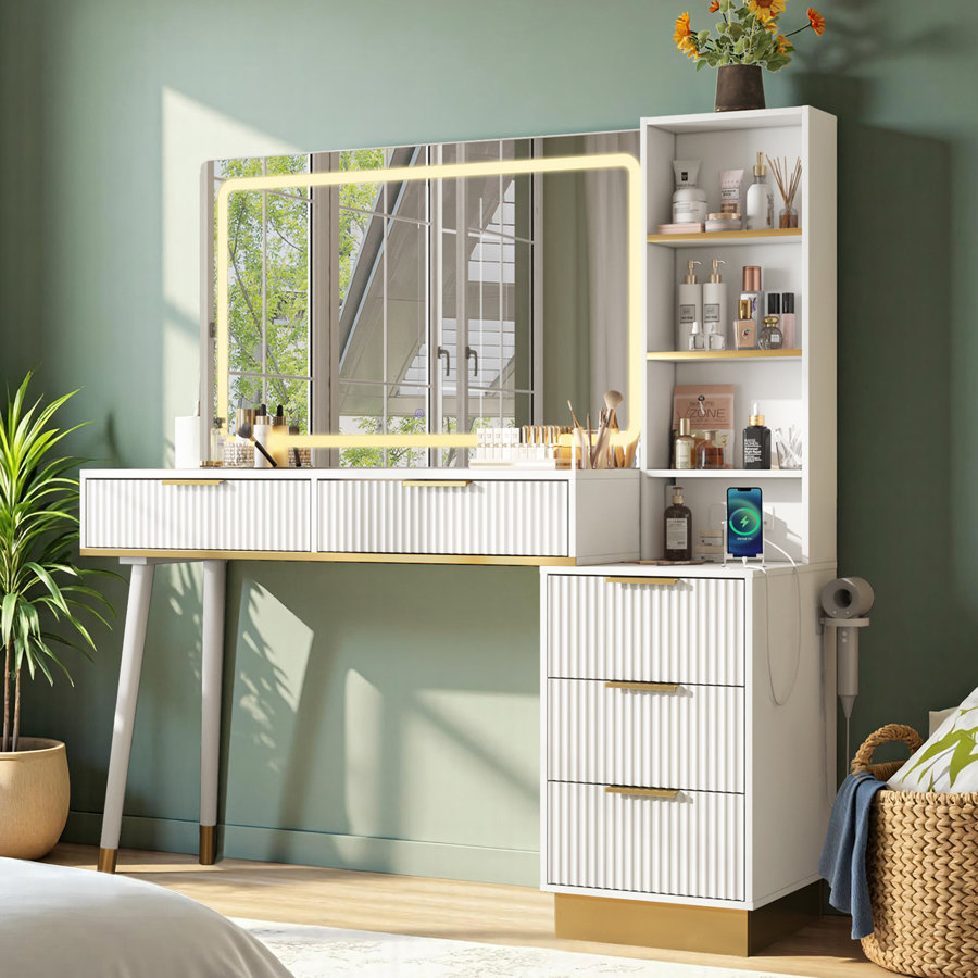 Mercer41 48" Vanity Desk with 35" Large Lighted Mirror, 5 Drawers & Shelves & Charging Station