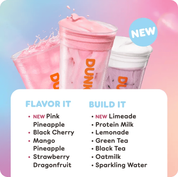 Image of 3 new drinks. Flavor It: NEW Pink Pineapple, Black Cherry, Mango Pineapple, Strawberry Dragonfuit. Build it: NEW Limeade, Protein Milk Lemonade, Green Tea, Black tea, Oatmilk, Water.