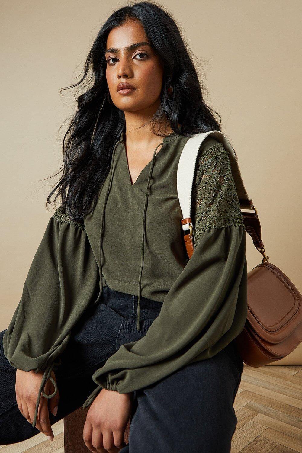Lace Trim Tie Neck Crepe Blouse