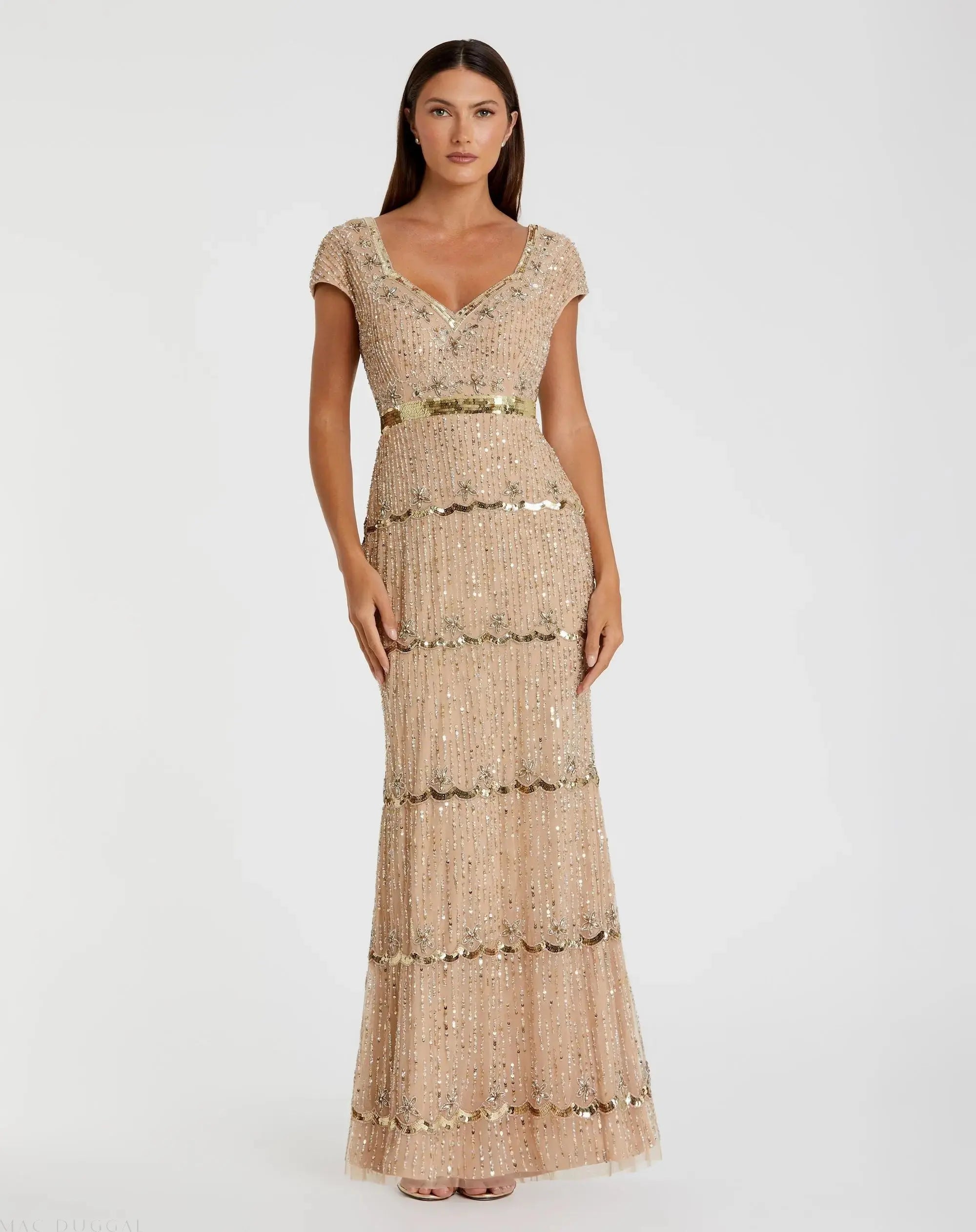Image of Gold Sequin Cap Sleeve Sweetheart Column Gown