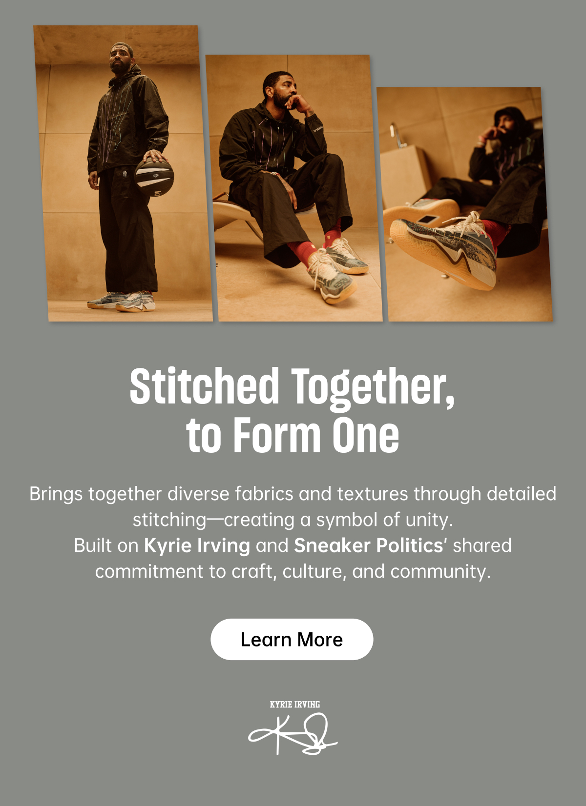 Stitched together, to form one.