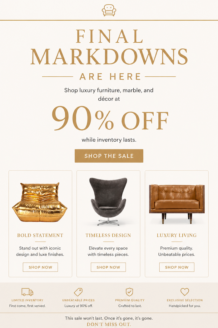 Furniture ad showcasing timeless design chairs with free shipping and fast delivery.