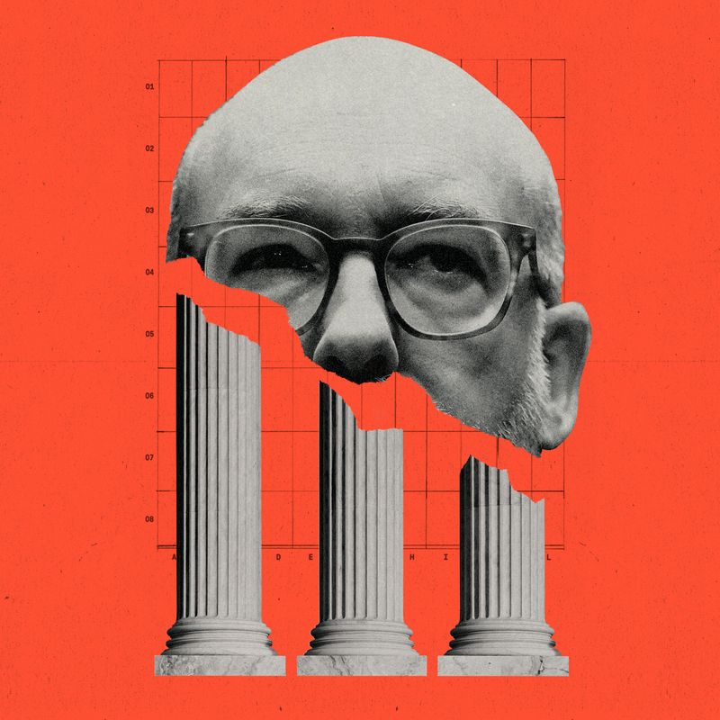 Half a portrait of Russell Vought with torn up columns beneath