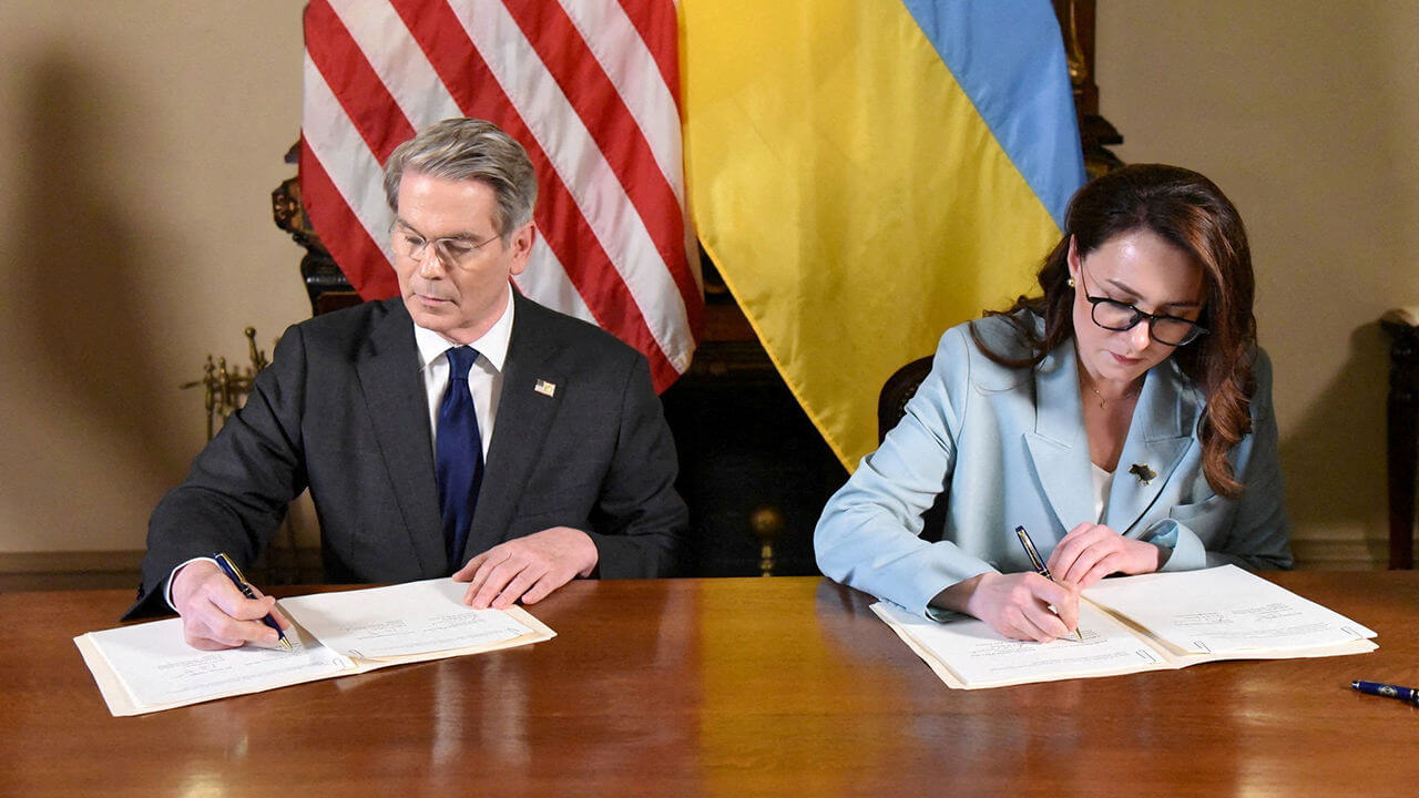 U.S. Treasury Secretary Scott Bessent and Ukrainian First Deputy Prime Minister Yulia Svyrydenko sign a deal that will give the United States preferential access to new Ukrainian minerals deals
