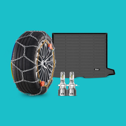 A tire with snow chains, a floor mat, and brakes against a light teal background.