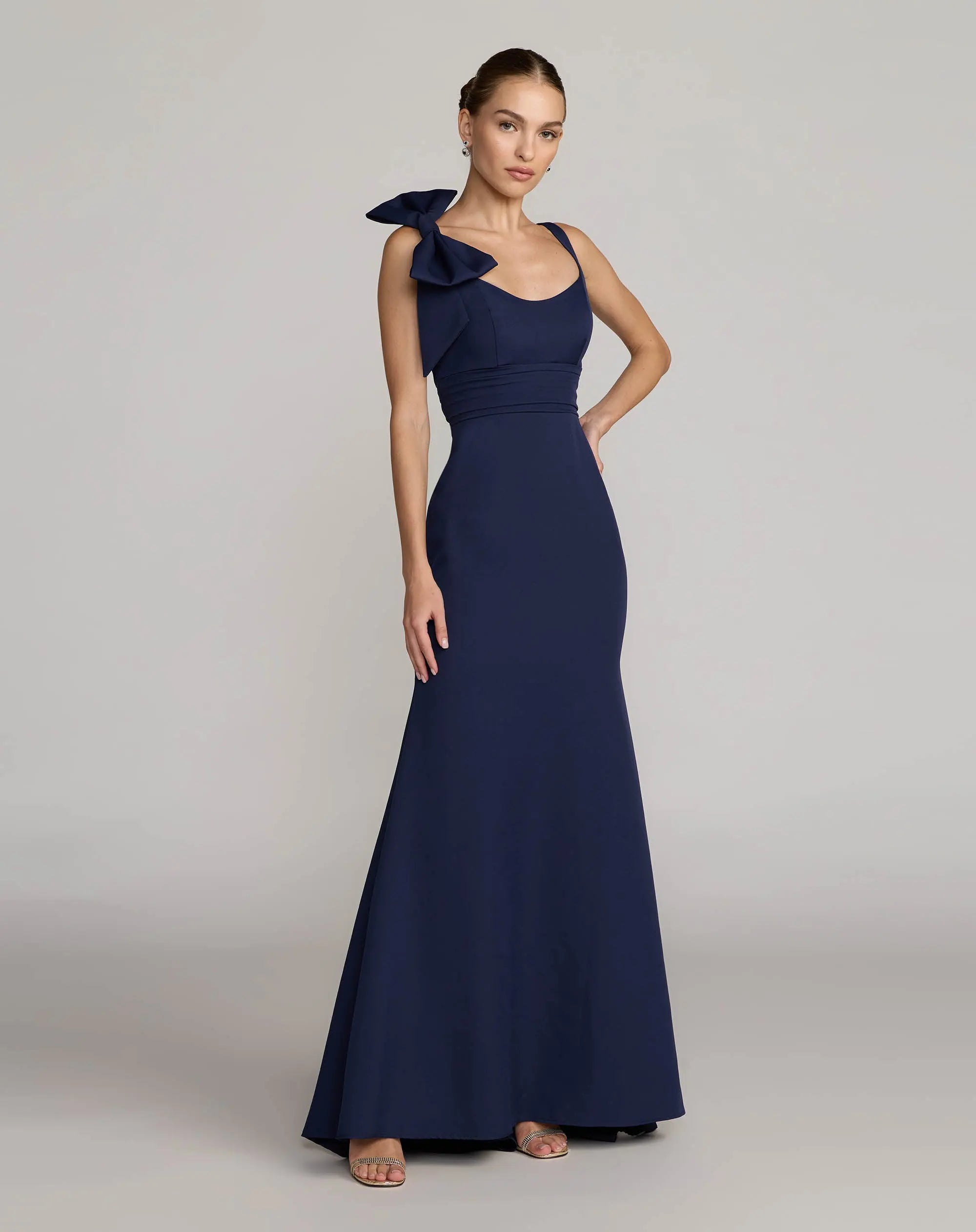 Image of Navy Scoop Neck Trumpet Gown with Bow