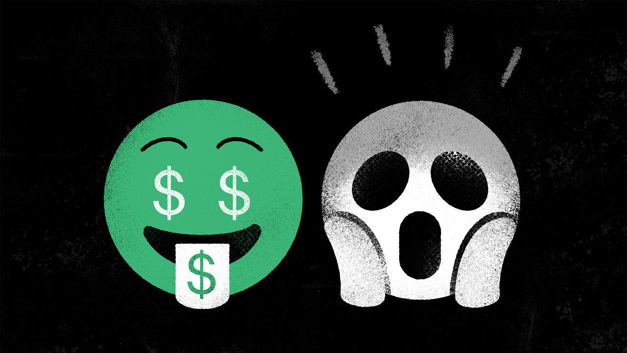 Illustration of a green emoji face with dollar signes for eyes and on its tongue next to a white screaming face emoji