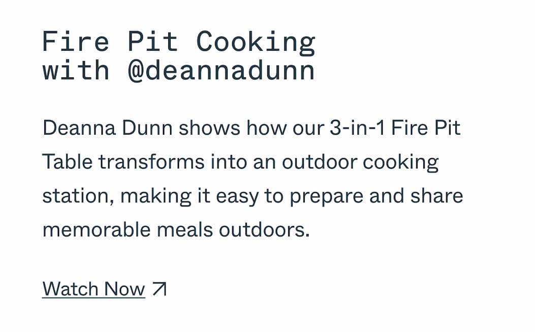 Fire Pit Cooking with @deannadunn Deanna Dunn shows how our 3-in-1 Fire Pit Table transforms into an outdoor cooking station, making it easy to prepare and share memorable meals outdoors. Watch Now