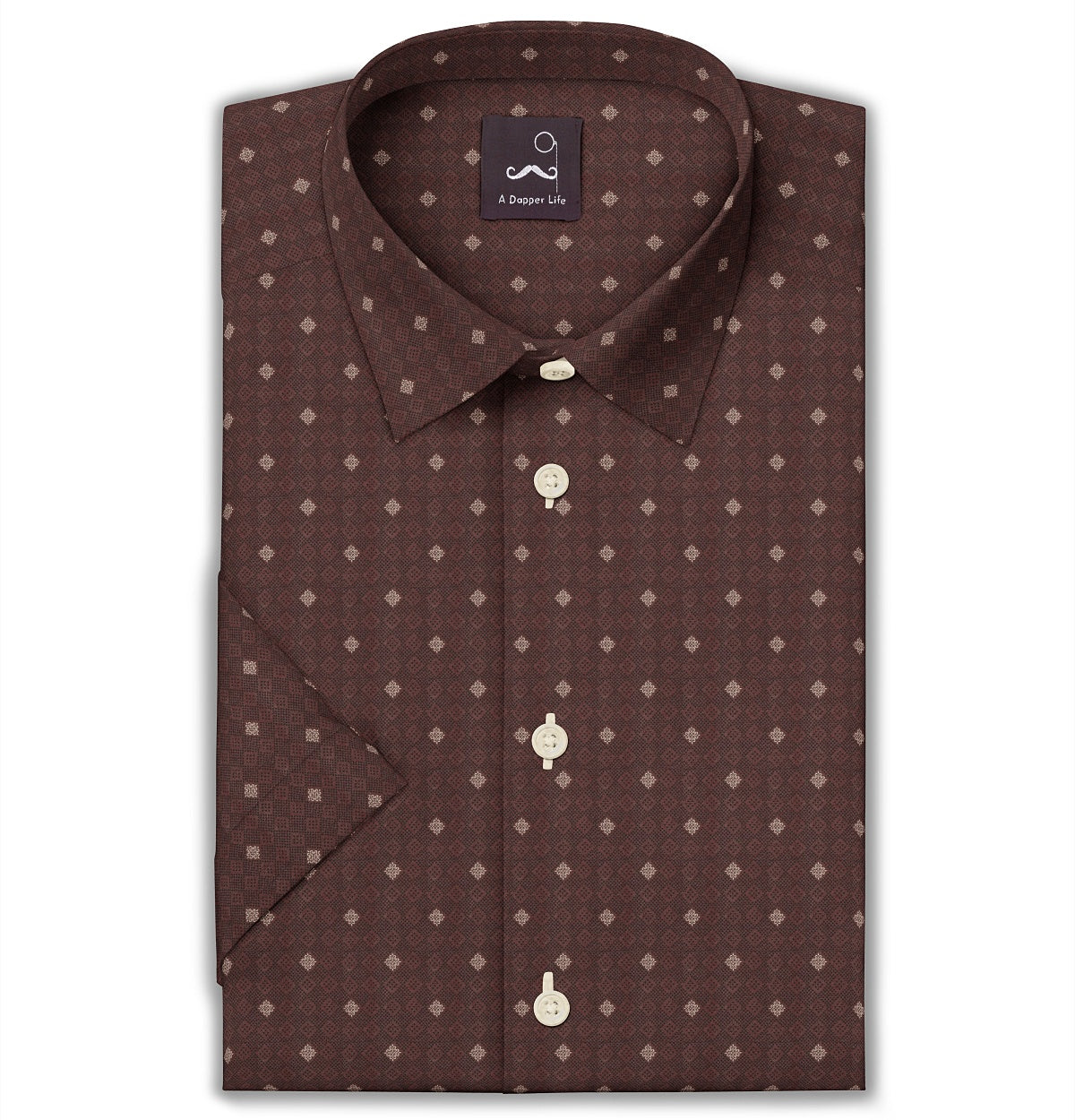 Image of Pure Cotton - Semi-Spread Collar - Short Sleeve - Mocha Tile