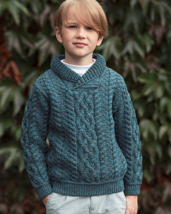 KIDS ARAN SHAWL COLLAR SWEATER – PEACOCK