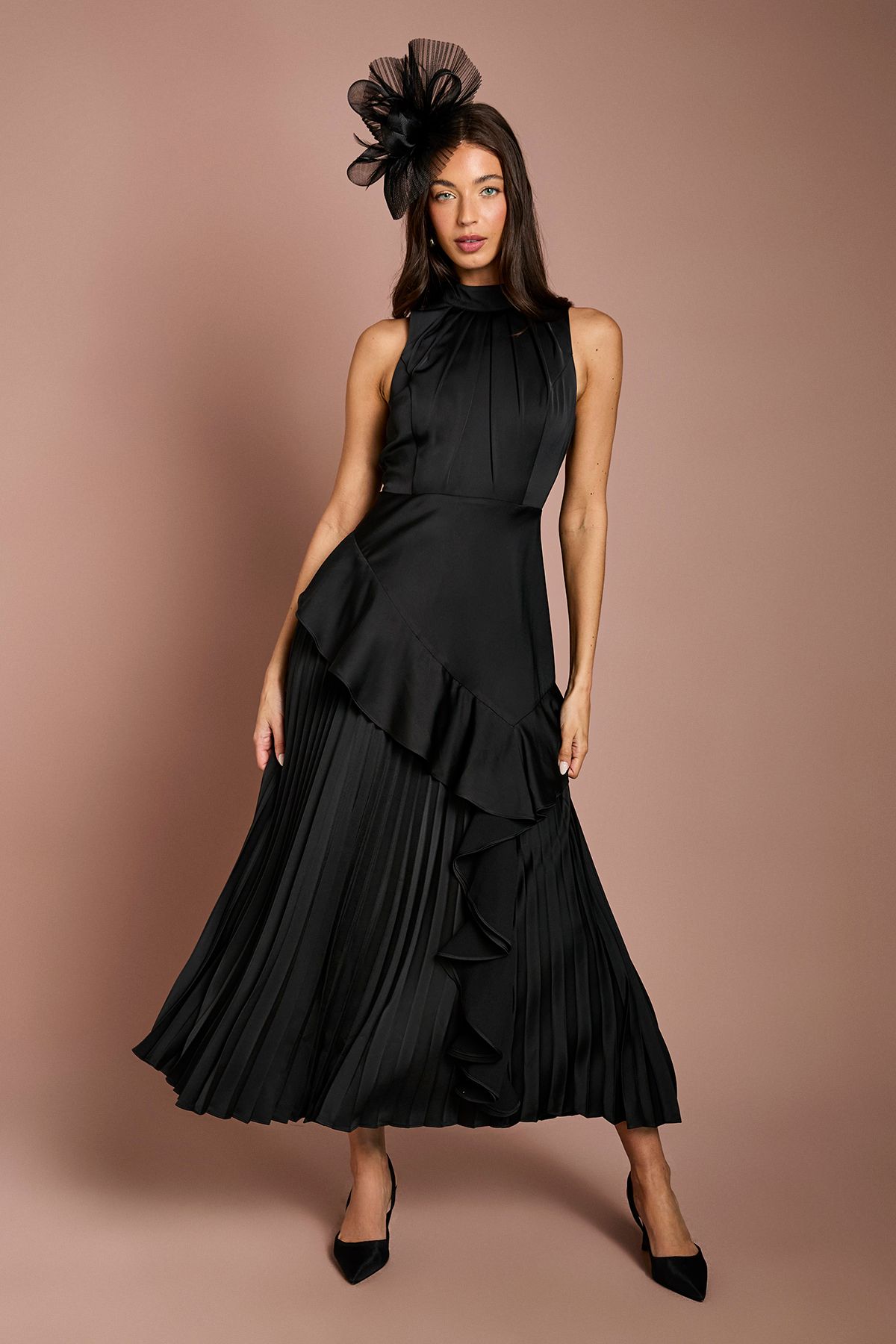 Sleeveless Ruffle Pleat Satin Back Crepe Dress