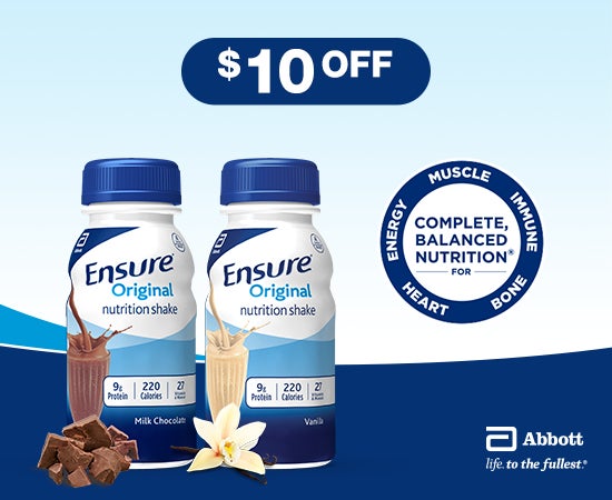 ensure nutrion shakes, $10 OFF, complete balanced nutrition for heart, energy, muscle, immune, bone, abbot life to the fullest®