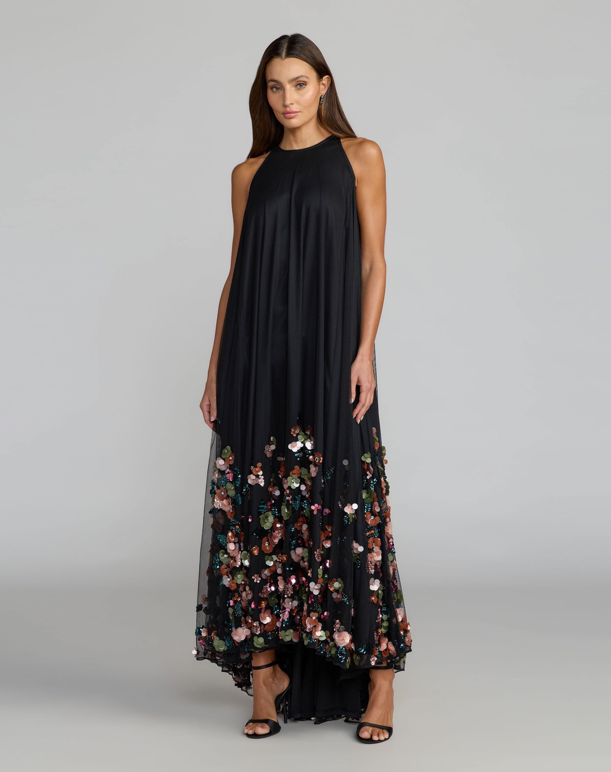 Image of Black Sequin Embellished Sleeveless High Low Gown