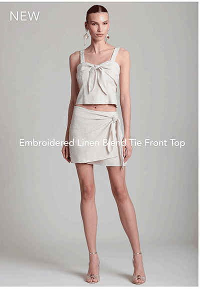 Embroidered Linen Blend Tie Front Top