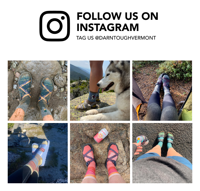 Follow Darn Tough on Instagram - a grid of photos from Instagram followers, featuring socks and sandals in the wild