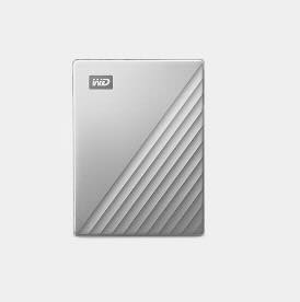 A silver Western Digital external hard drive with a textured diagonal design.