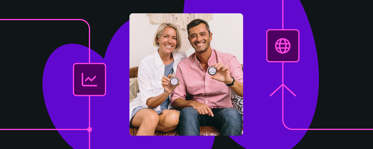 Two persons sit together on a leather couch, smiling as they each hold up a small round product tin from the brand "No Pong." The photo is framed within a vibrant purple and black graphic background featuring pink line-art icons of a growth chart and a globe.