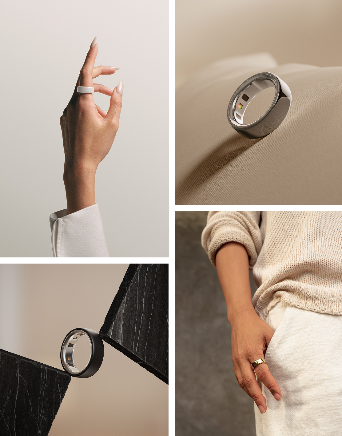 Oura Ring 4 shown in four lifestyle photos: worn on a hand with white nails, resting on beige fabric in silver, balanced on black marble in black, and worn on a hand in gold.