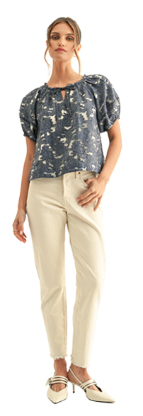 Briana Jacquard Chambray Lantern Sleeves Blouse