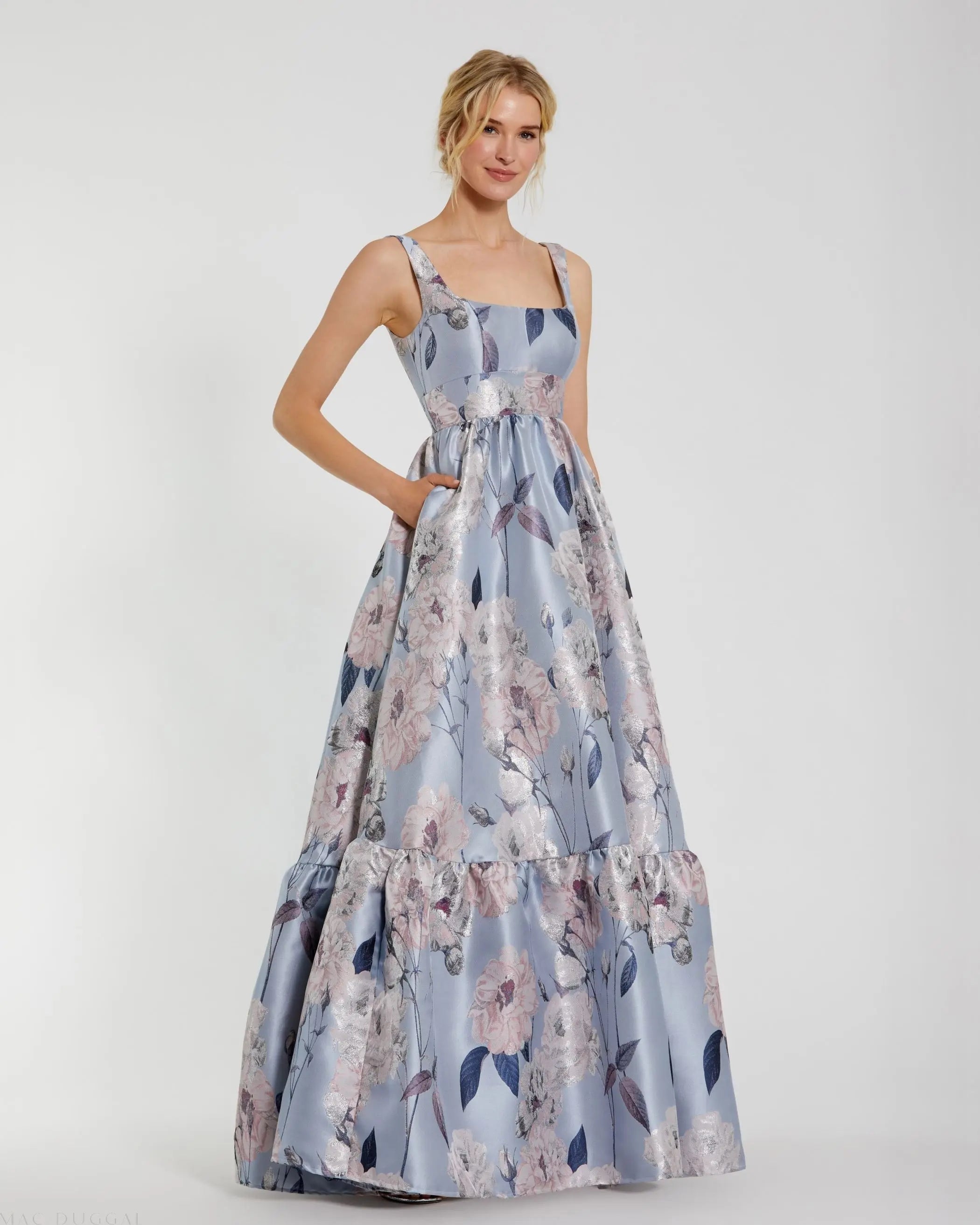 Image of Blue Floral Printed Satin Gown with Pockets