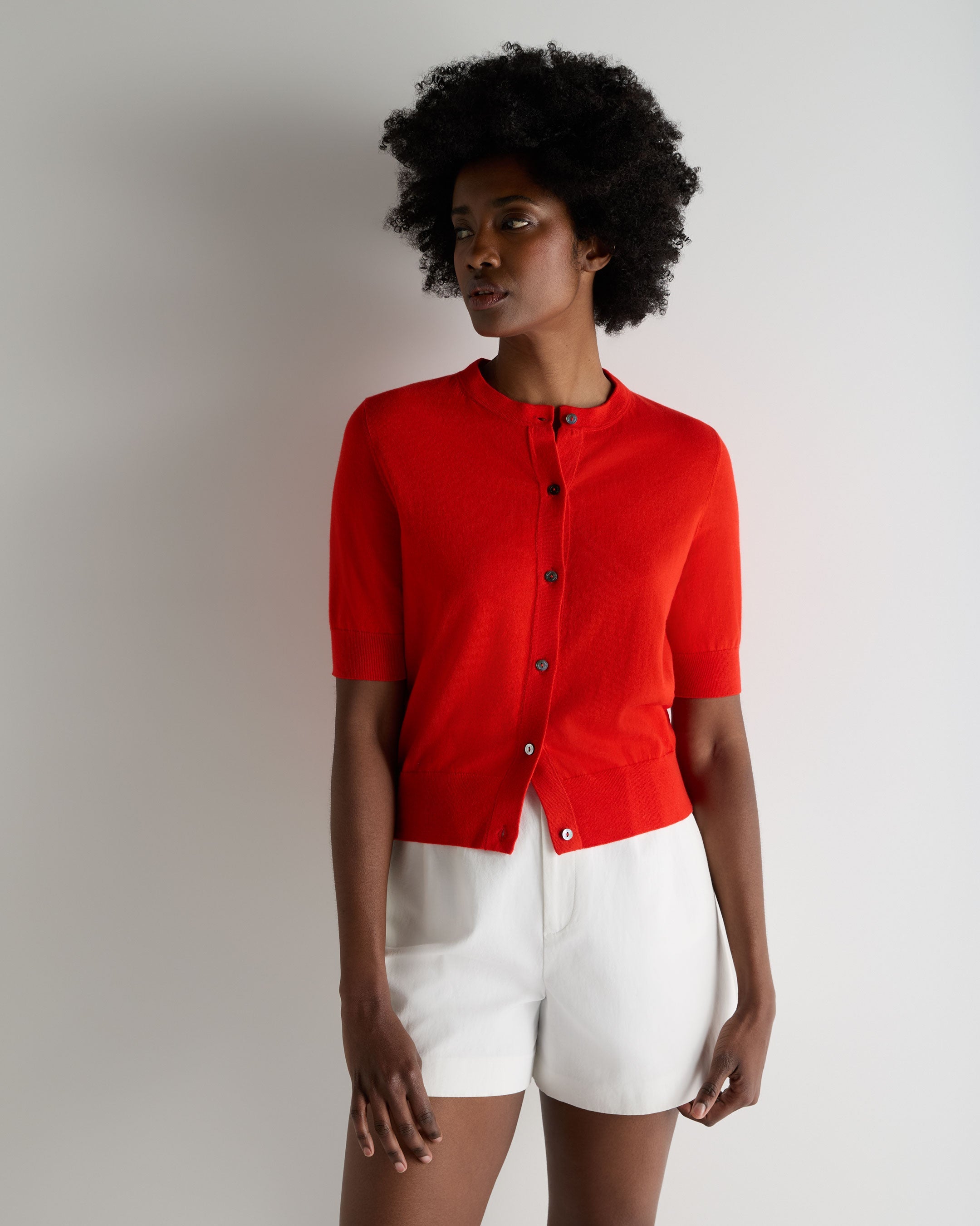 Image of Women's Cotton Cashmere Short Sleeve Cardigan Tomato Red